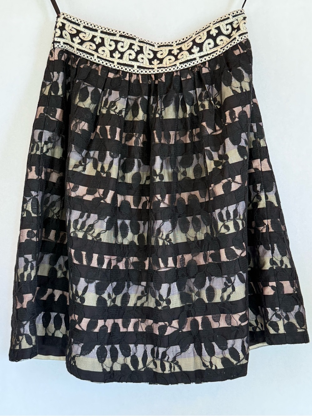Black Lace Overlay A-Line Skirt with Blush and Olive Accent